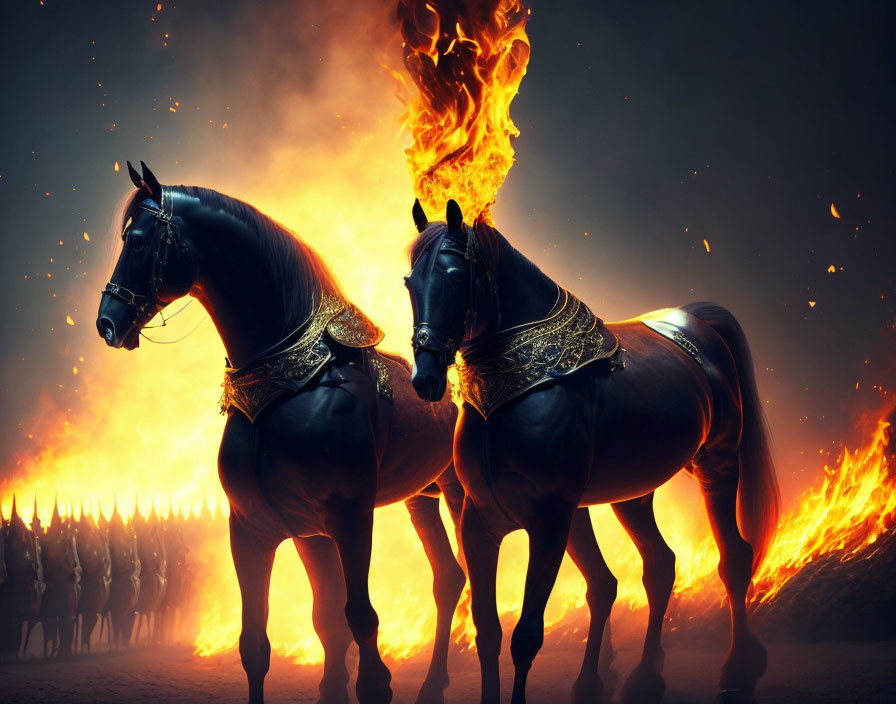 Majestic black horses with ornate harnesses in fiery battlefield scene