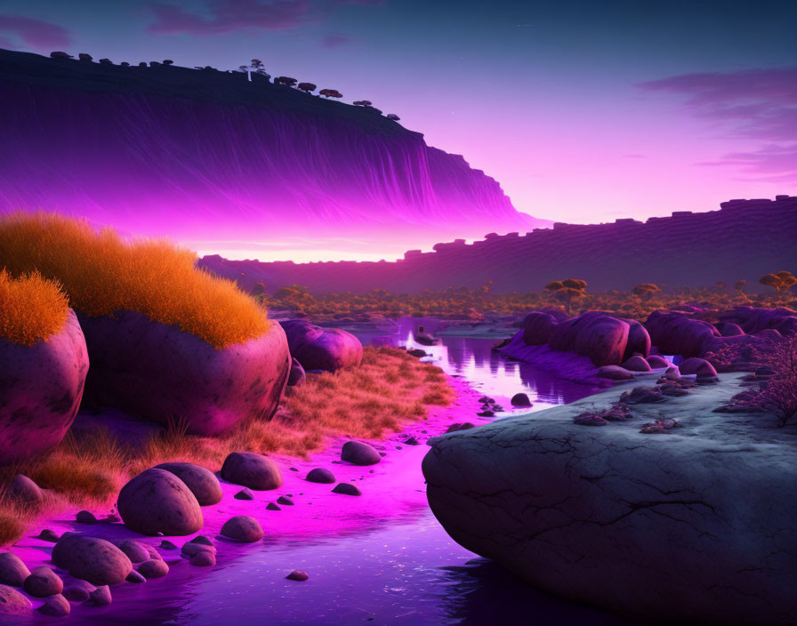 Surreal landscape: glowing purple sky, cascading waterfall, rounded stones, orange foliage