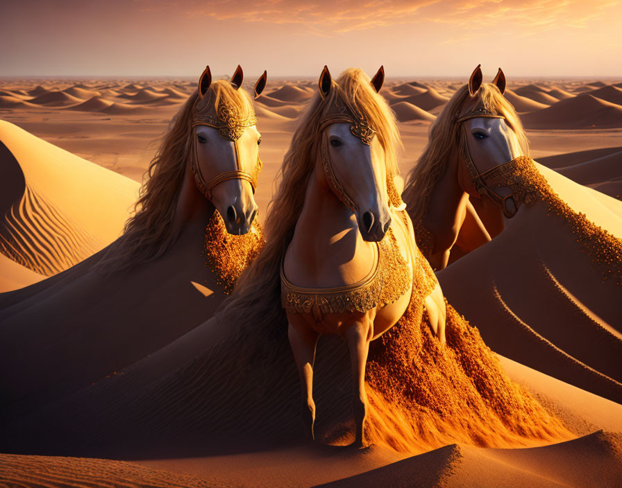 Majestic horses with ornate bridles in desert sunset.