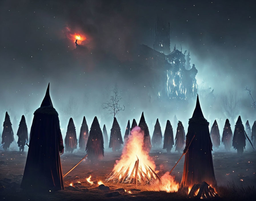 Mysterious hooded figures around bonfire under fantasy sky