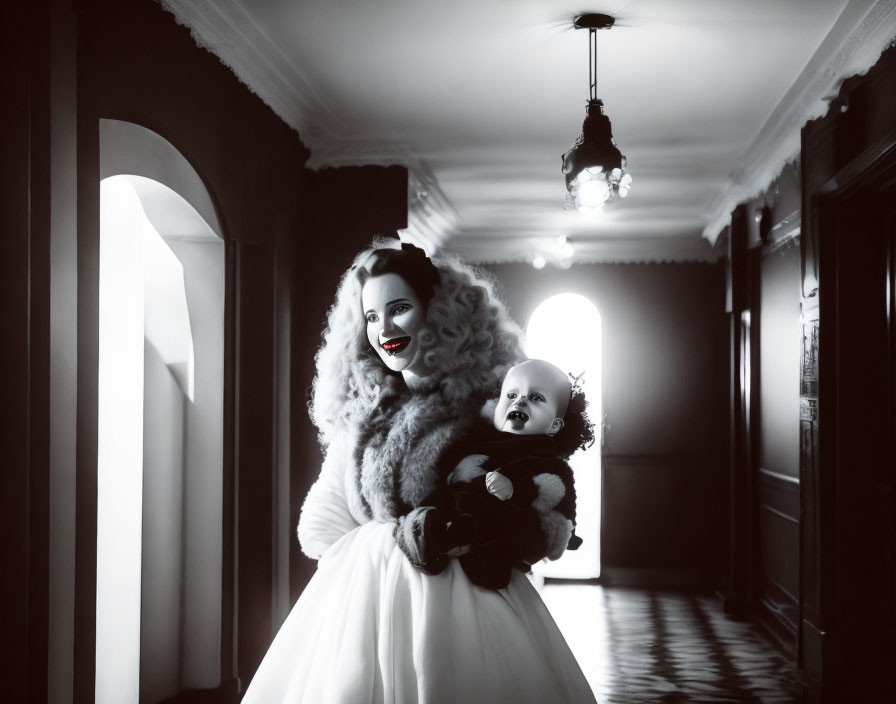 Monochrome image of person in clown makeup holding baby in vintage hallway