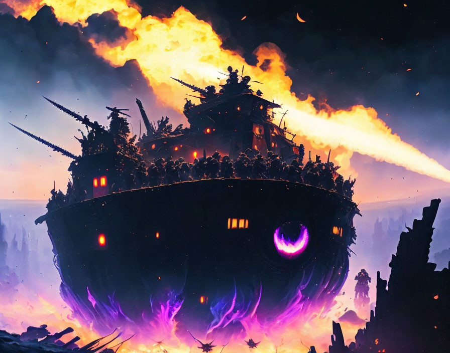 Floating fortress emits fiery beam in apocalyptic sky