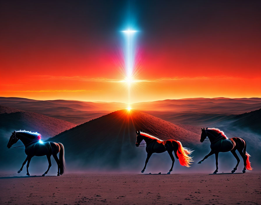 Silhouetted horses with glowing manes in desert sunset landscape