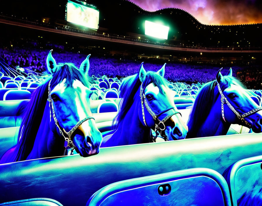 Digitally altered horses in vivid blue and purple colors in audience setting