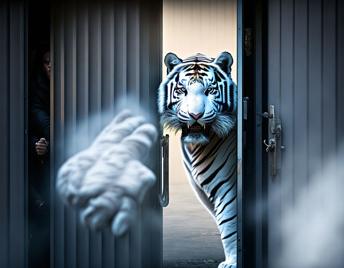 White tiger and person cautiously watching from door