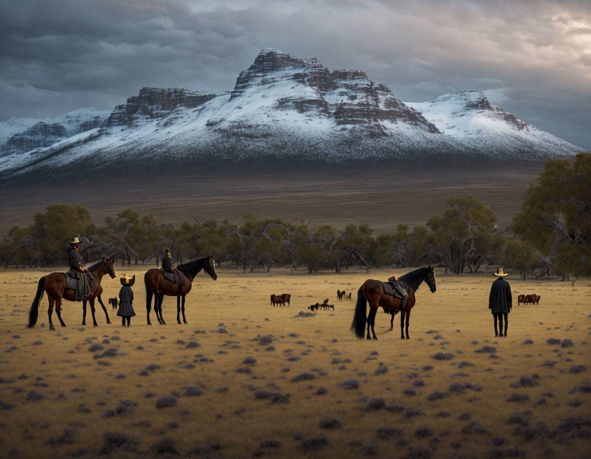 Three riders on horses and free horses in vast snowy mountain field at twilight