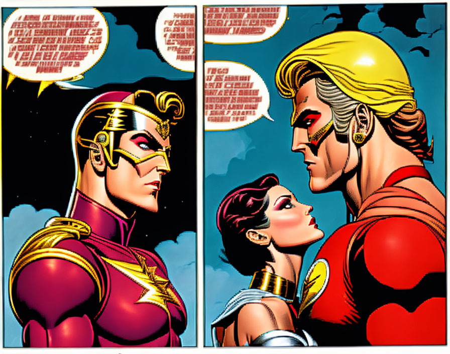 Superheroes in vibrant costumes: man gazes stoically, woman admires.