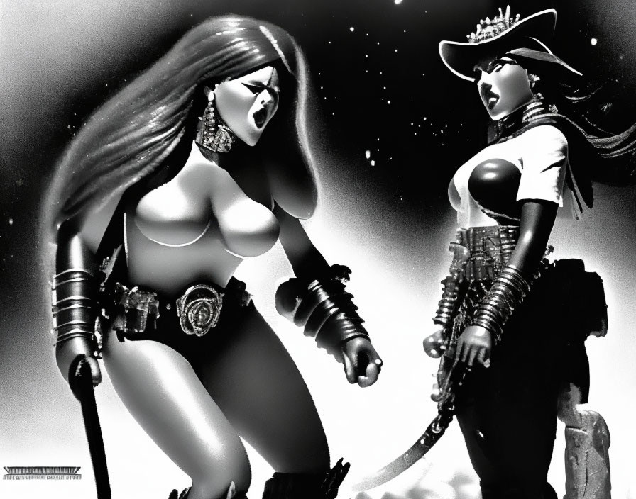 Sci-fi-inspired black and white image of two women in dramatic costumes posing with whip and cowboy hat