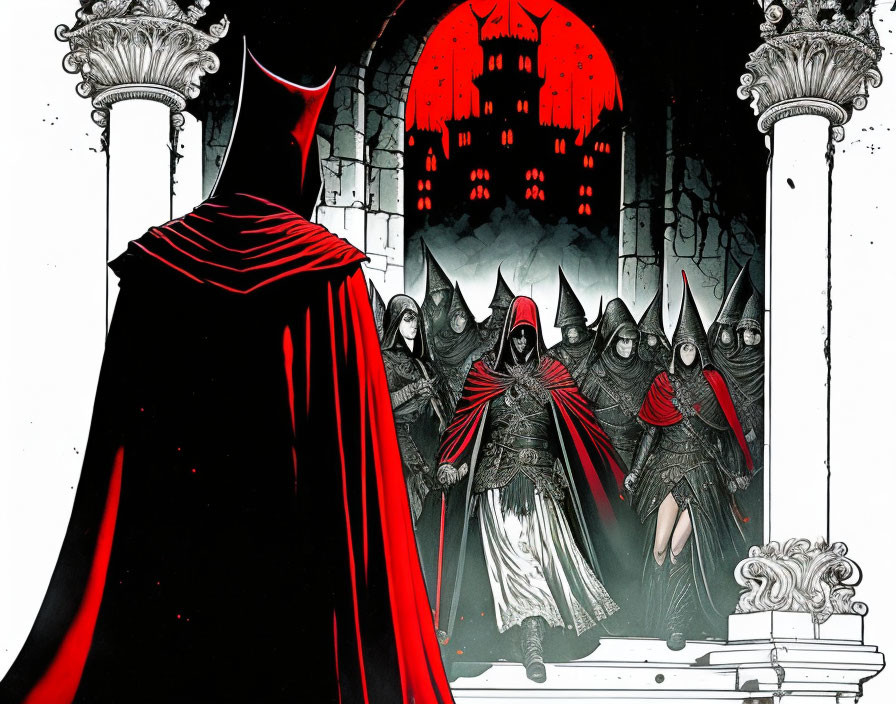 Illustration of figures in dark cloaks with a character in red in gothic archway.