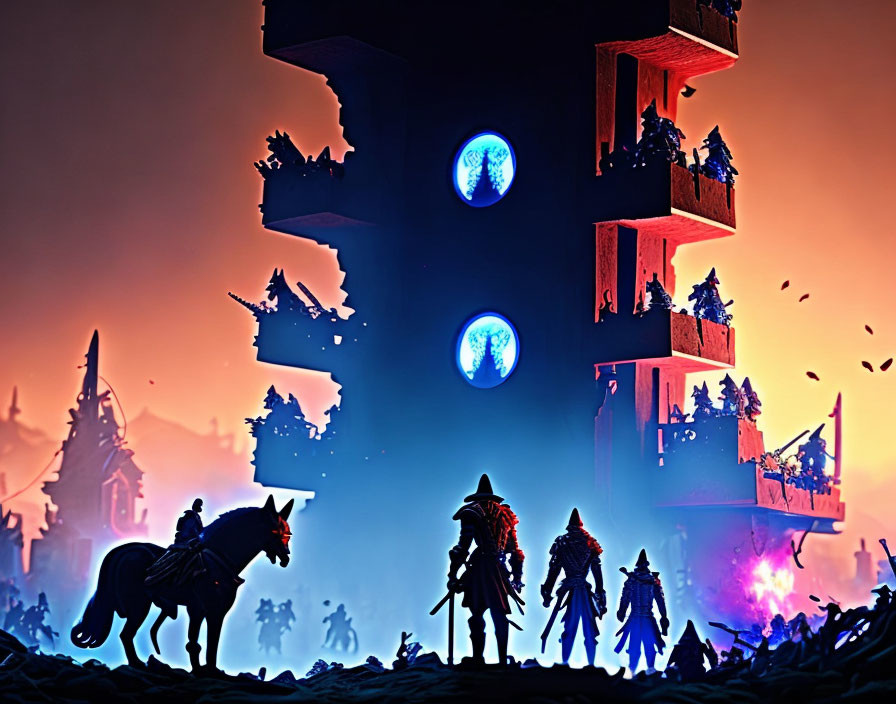 Fantasy scene: Floating islands, glowing portals, silhouetted figures at dusk