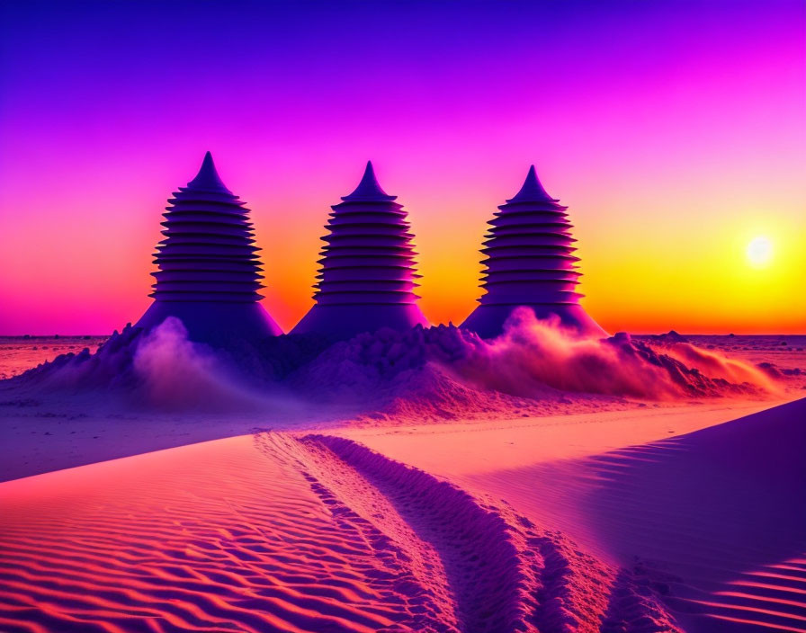 Colorful desert sunset with spiral sand formations and sandy trail