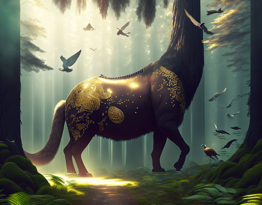 Mystical large creature with glowing ornate patterns in sunlit forest