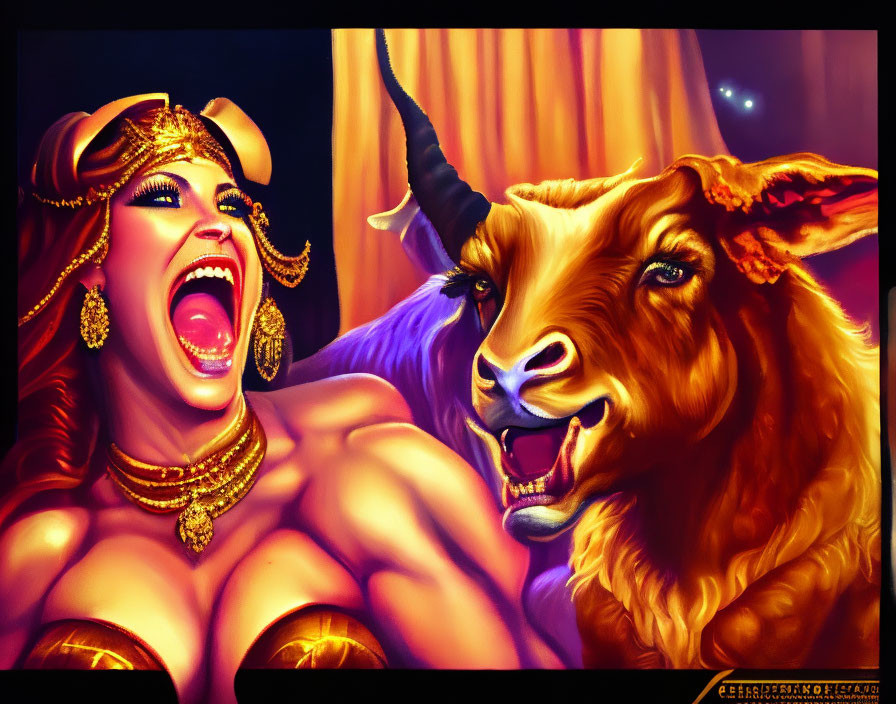 Vibrant Artwork: Person in Golden Attire Laughing with Realistic Goat