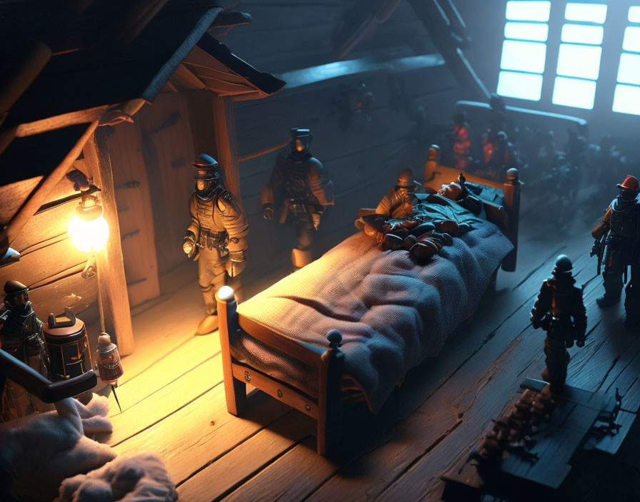 Miniature toy soldiers encircle bed in dimly lit cabin with glowing lantern