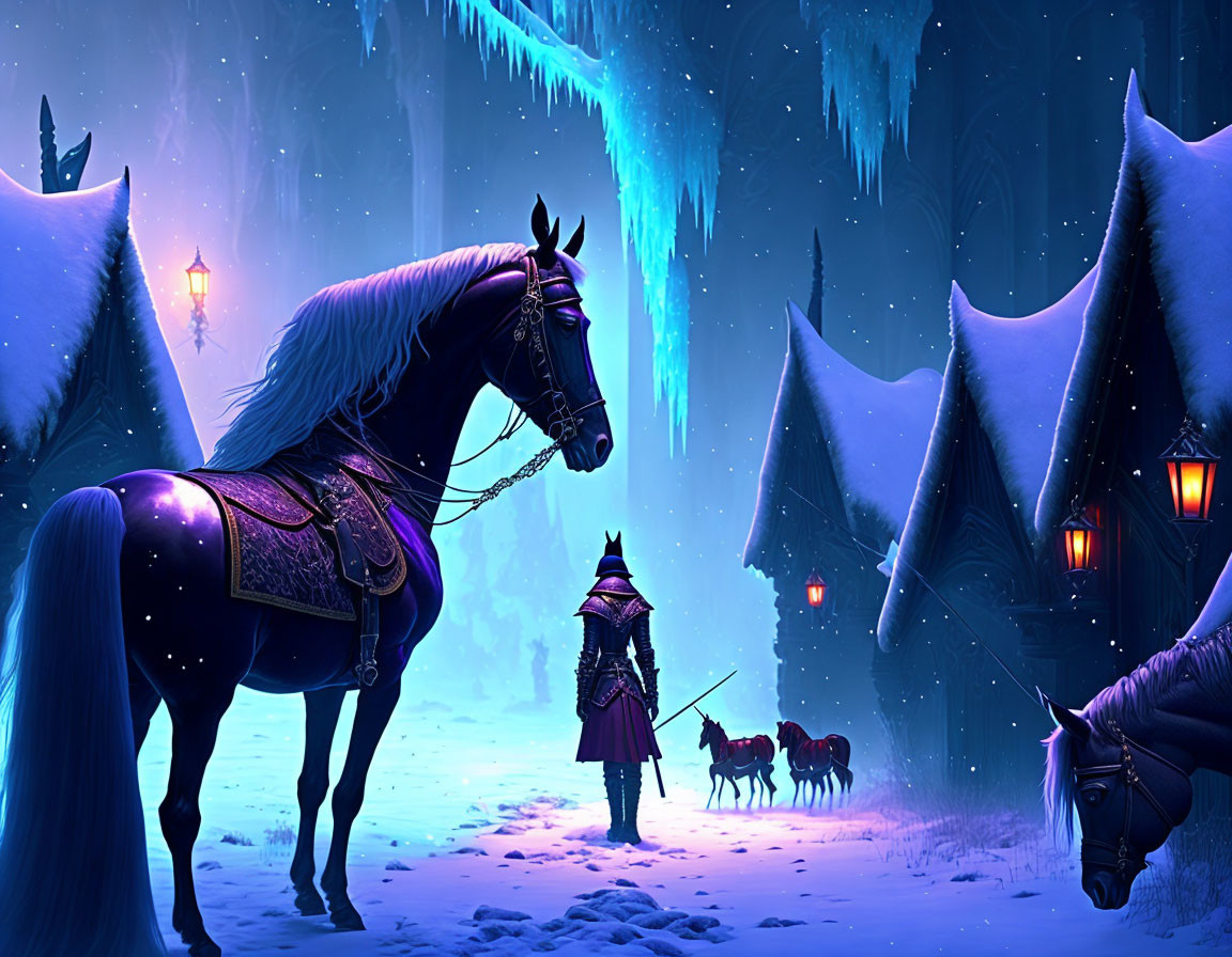 Knight and horse in snowy village with wolves at night