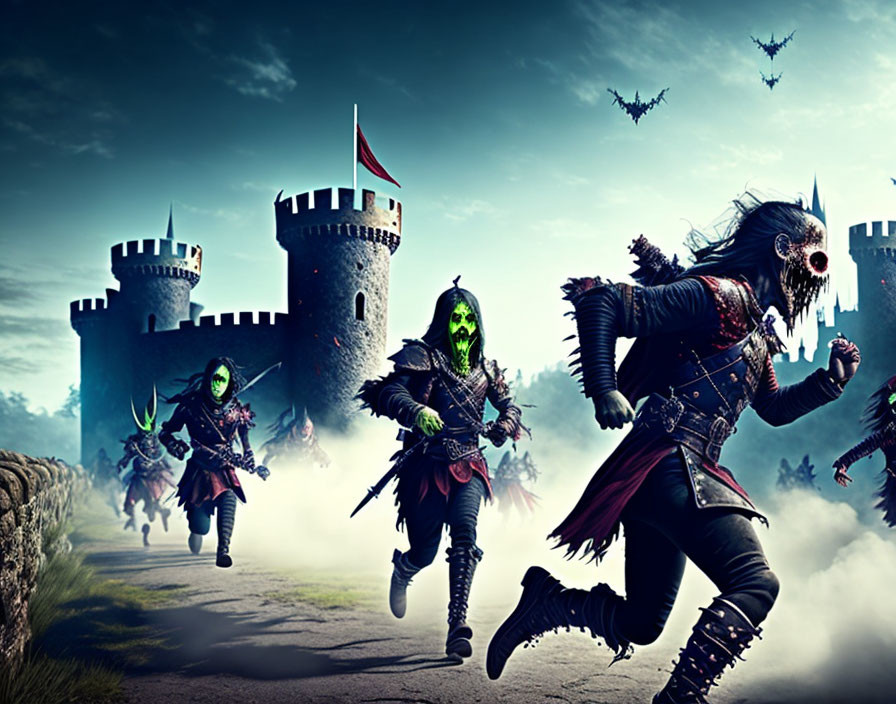 Glowing weapons and skull-faced warriors charge from a castle under a dragon-filled sky