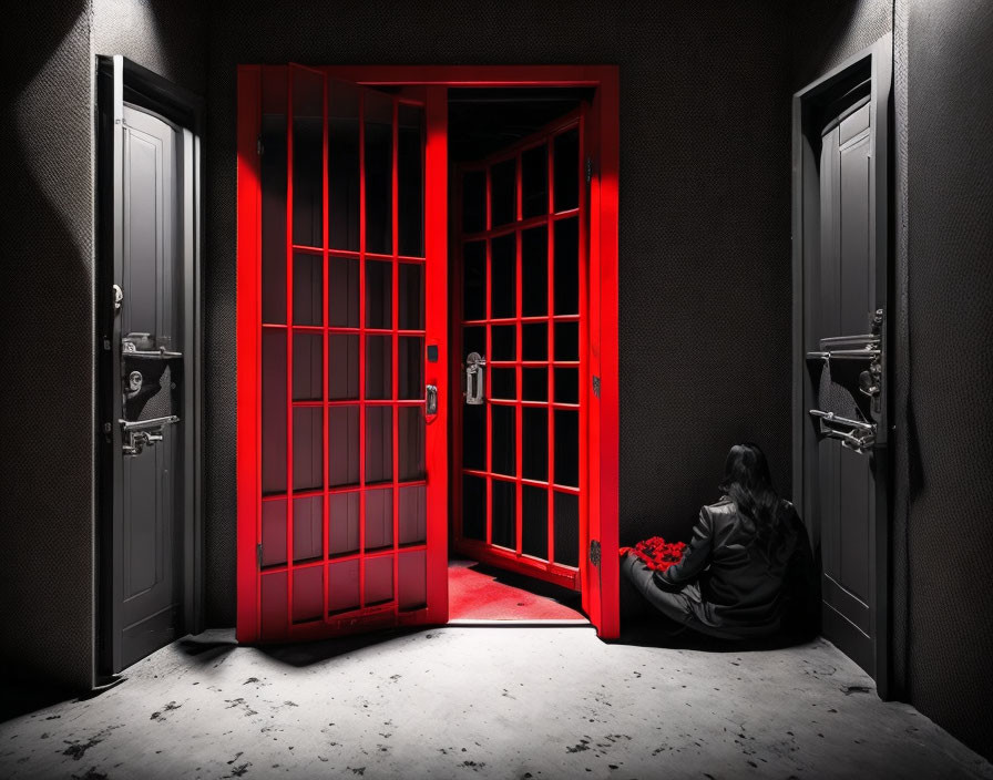 Person seated by open red phone booth in monochrome hallway with doors, holding roses