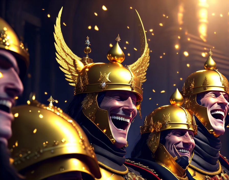 Animated soldiers in golden winged helmets laughing in golden light