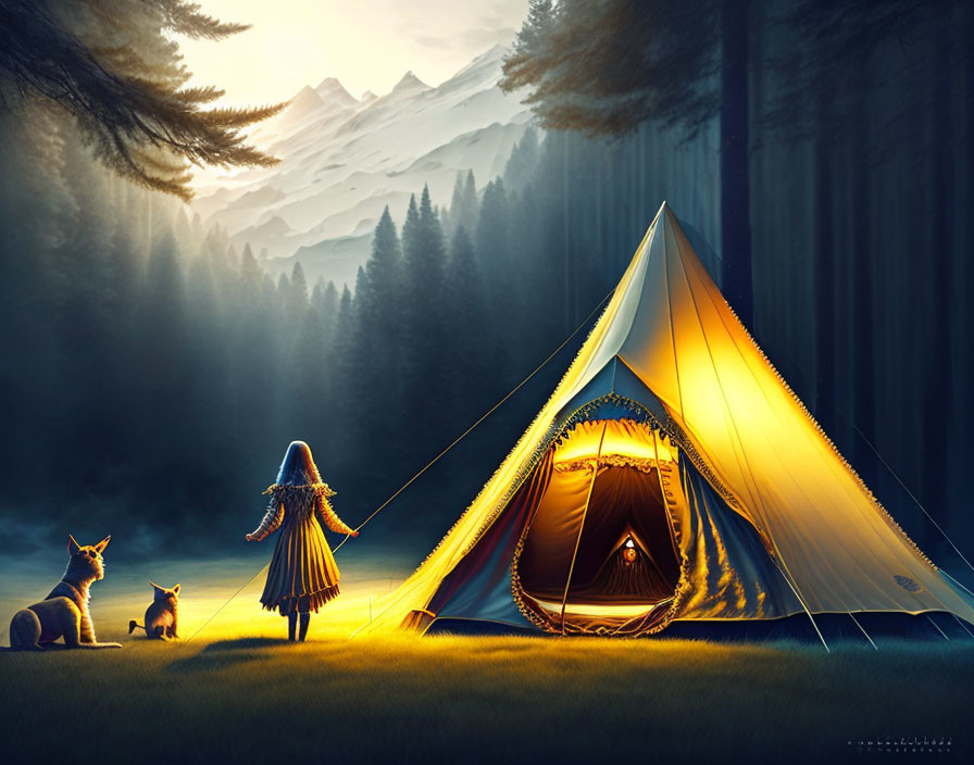 Person, two foxes, glowing tent in forest clearing with mountains