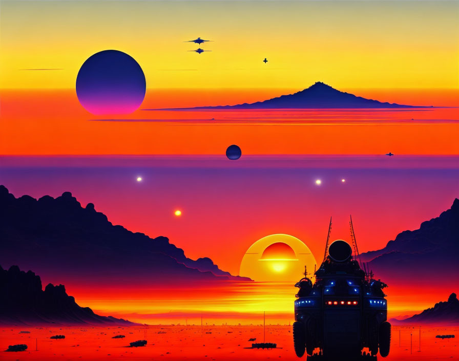 Surreal landscape with multiple suns, futuristic aircraft, and sci-fi structure