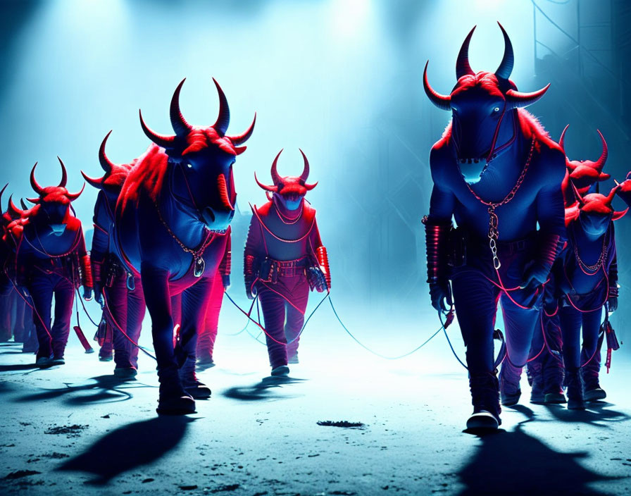 Stylized muscular bulls in futuristic gear walking in neon-lit mist