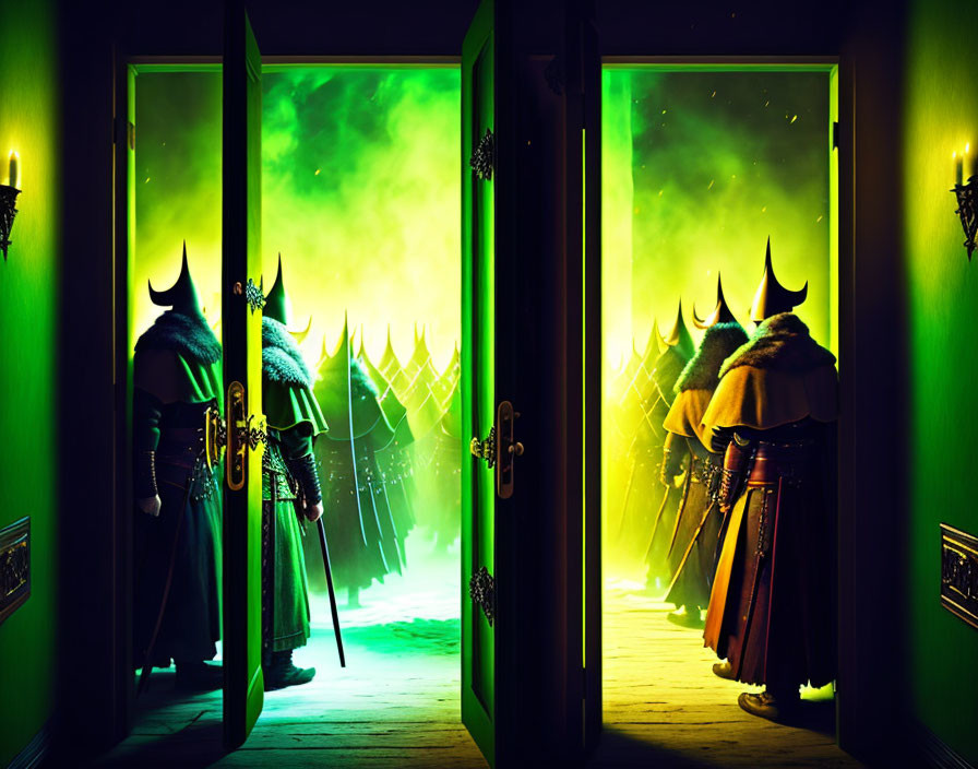 Armored guards beside open doors to room with mysterious green glow and floating embers