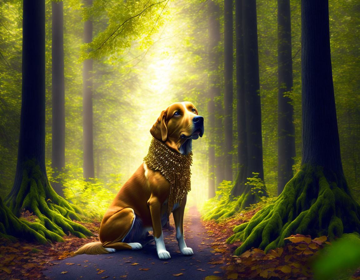 Shiny Collared Dog in Forest Path Illuminated by Soft Glow