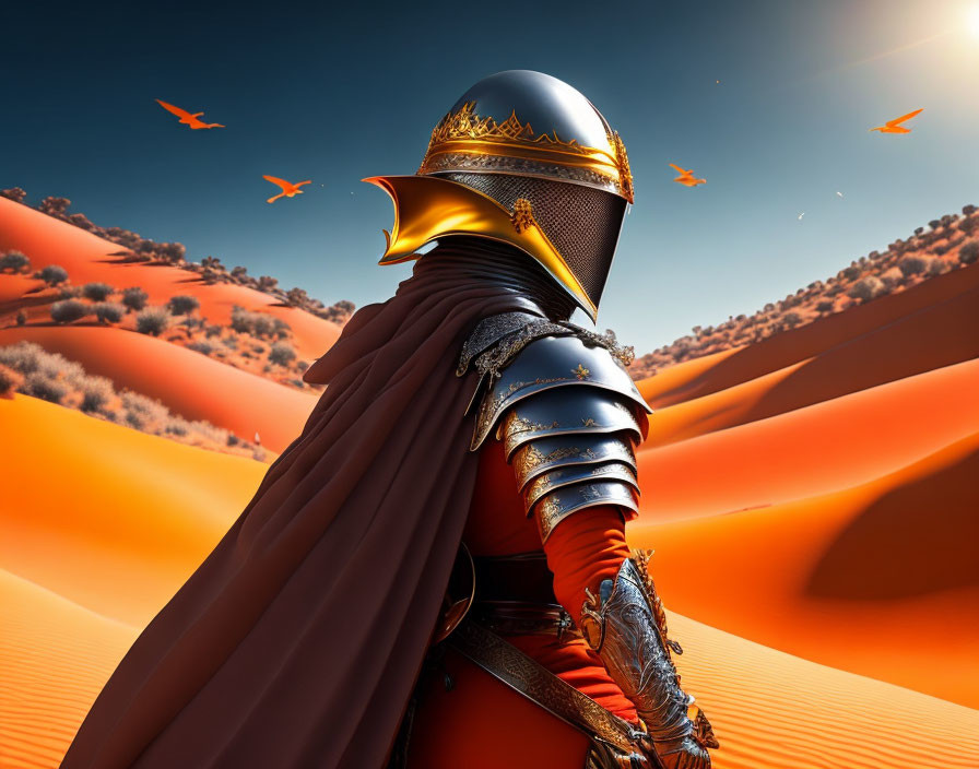 Ornate armored knight in desert landscape with birds