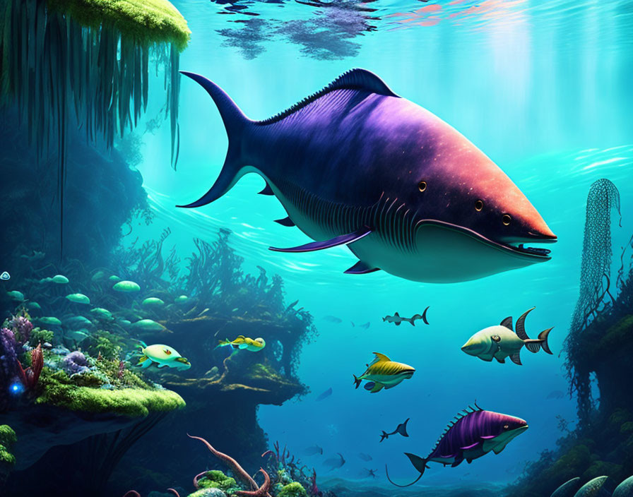 Colorful Underwater Scene with Whale-Like Creature and Fish