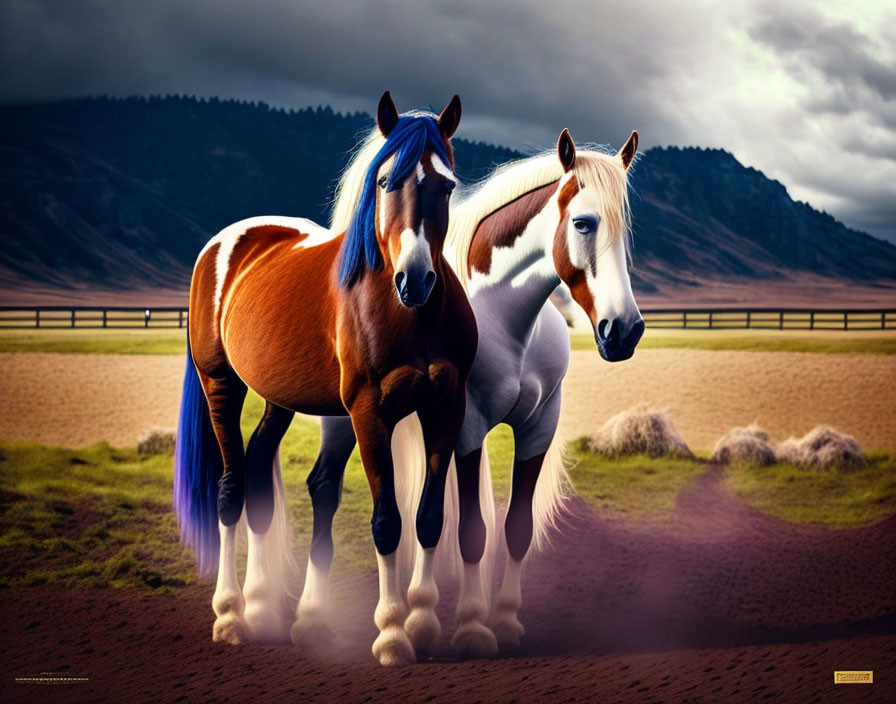 Majestic chestnut and white horses in paddock with mountain backdrop