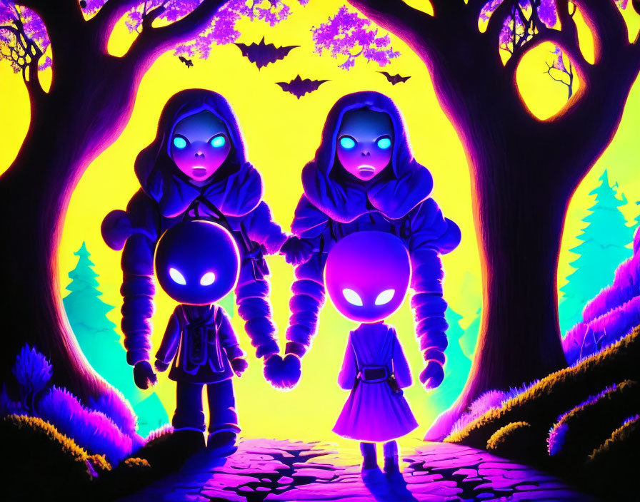 Colorful Neon-lit Forest Scene with Glowing-Eyed Alien Figures