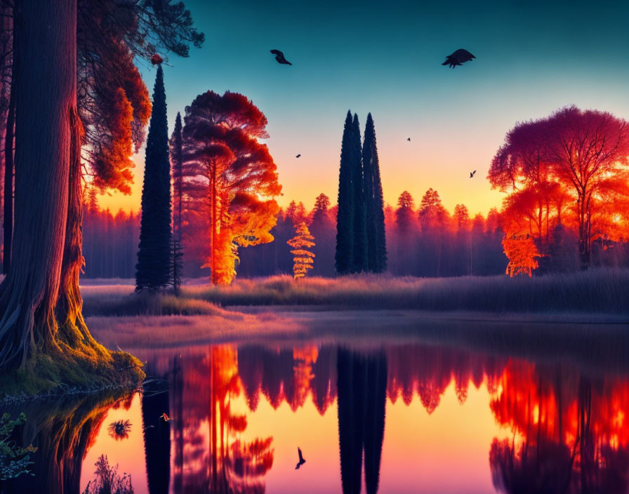 Scenic sunrise over tranquil lake with fiery-red trees and soaring birds