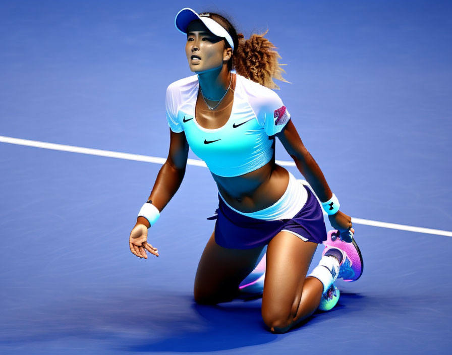 Blue-clad tennis player in focused pose on court