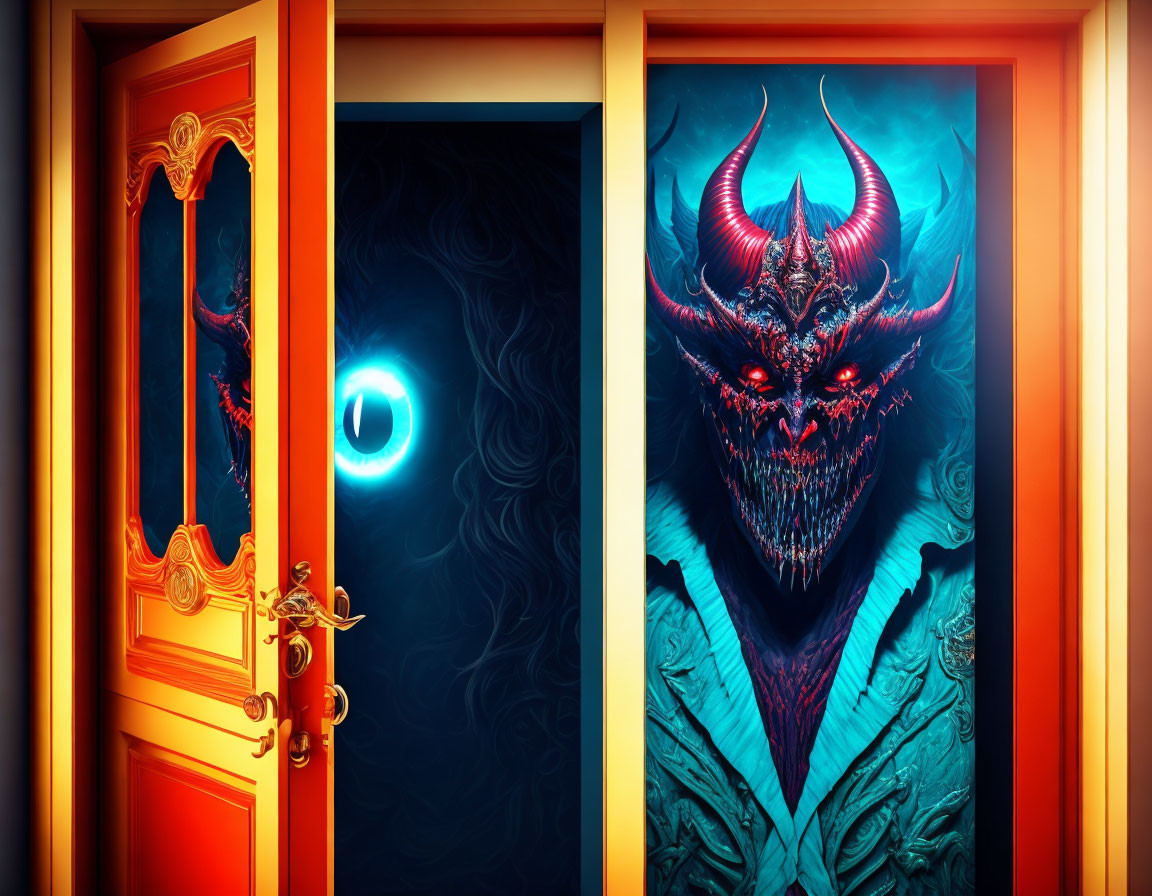 Contrasting doors in digital artwork reveal bright eye and dark creature