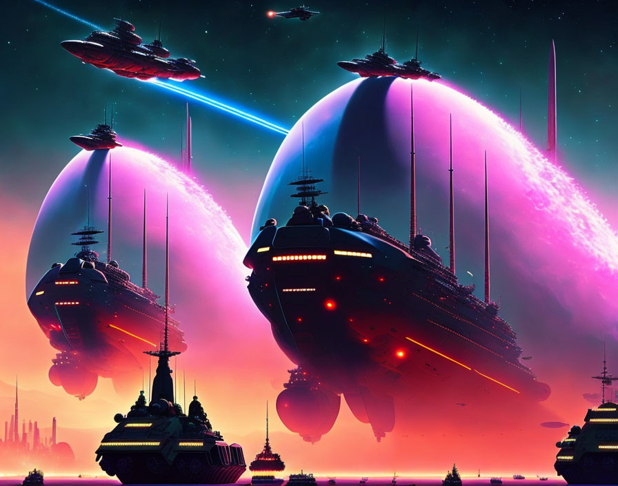 Glowing futuristic spaceships in cosmic battle under pink and blue sky