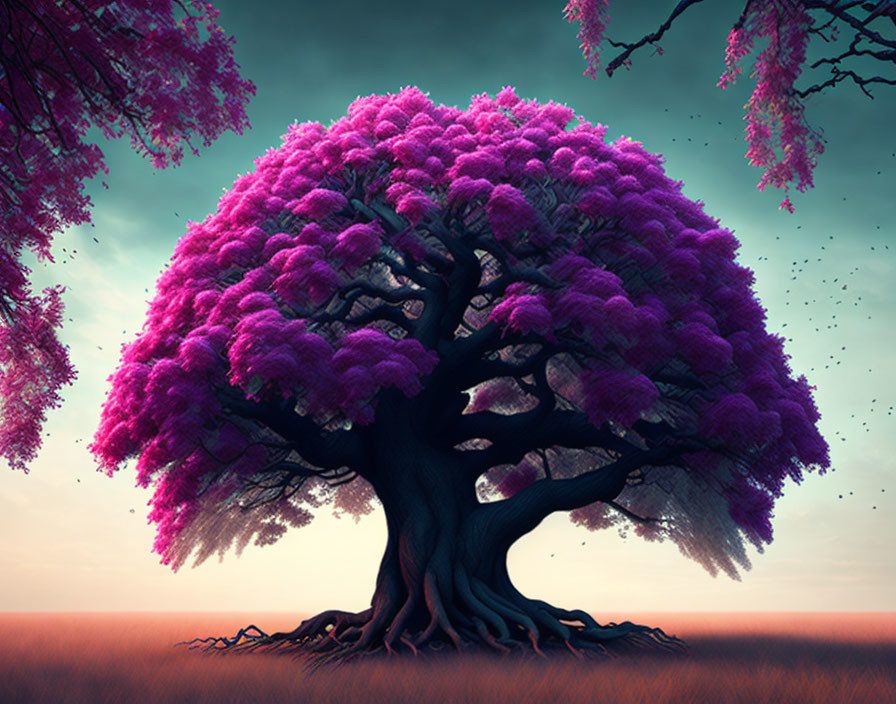 Majestic tree with vibrant purple foliage against serene sky and meadow