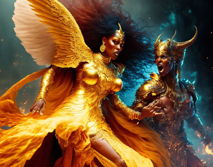 Fantasy Costumed Women with Wings and Horns on Fiery Background