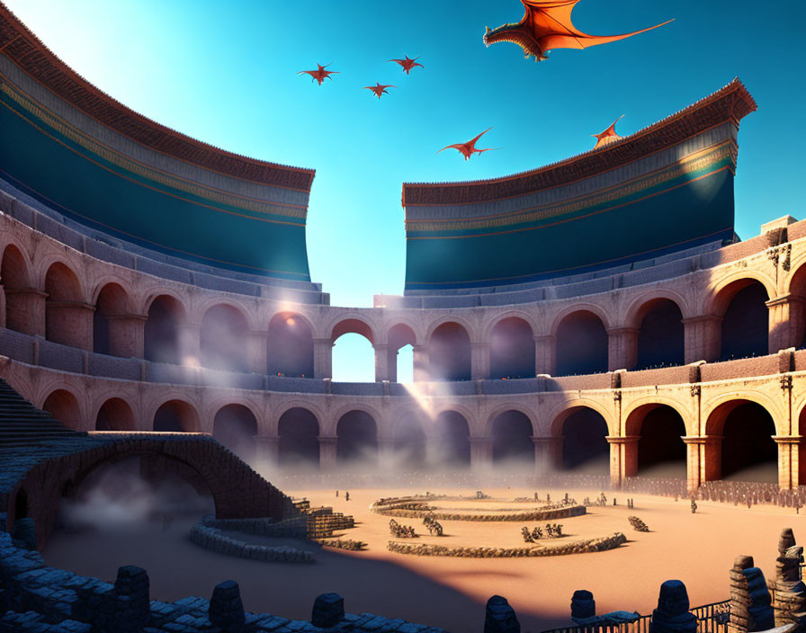 Ancient Roman amphitheater with flying dragons under bright sky