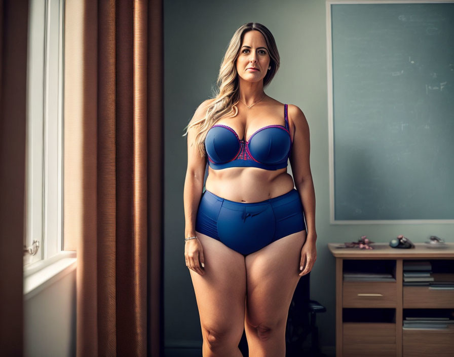 Confident woman in blue bikini by window with chalkboard in natural light