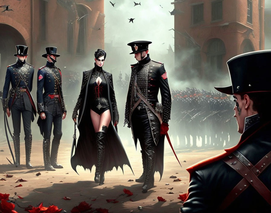 Stylized characters in dystopian military uniform amidst blurred crowd with red leaves.