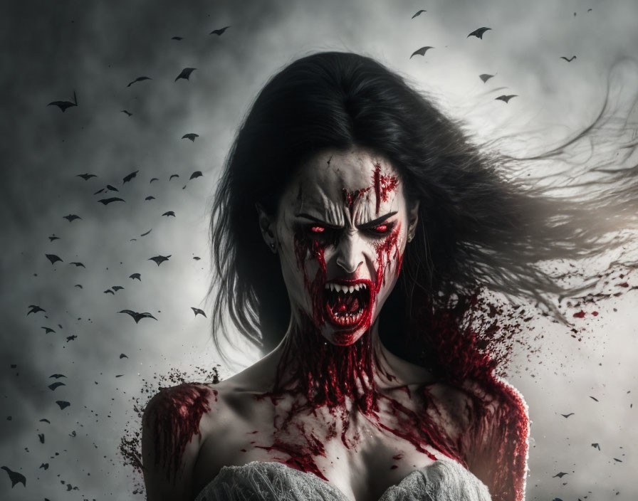 Woman with vampire-like features covered in blood, birds in background.