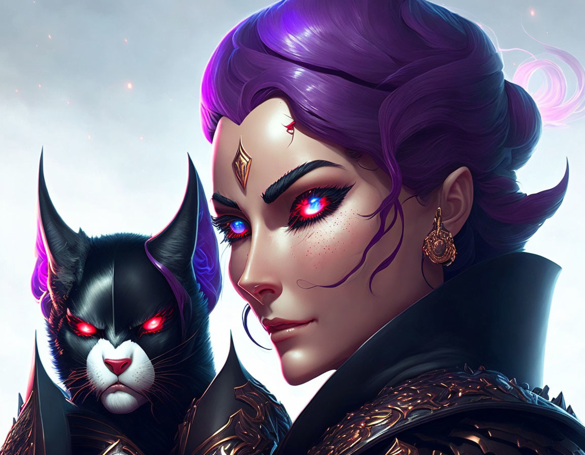 Digital illustration: Woman with purple hair and red eyes, black cat with glowing red eyes, emitting mystical