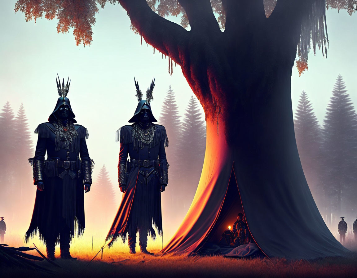 Ornate armor figures by giant tree in mystical forest at dusk