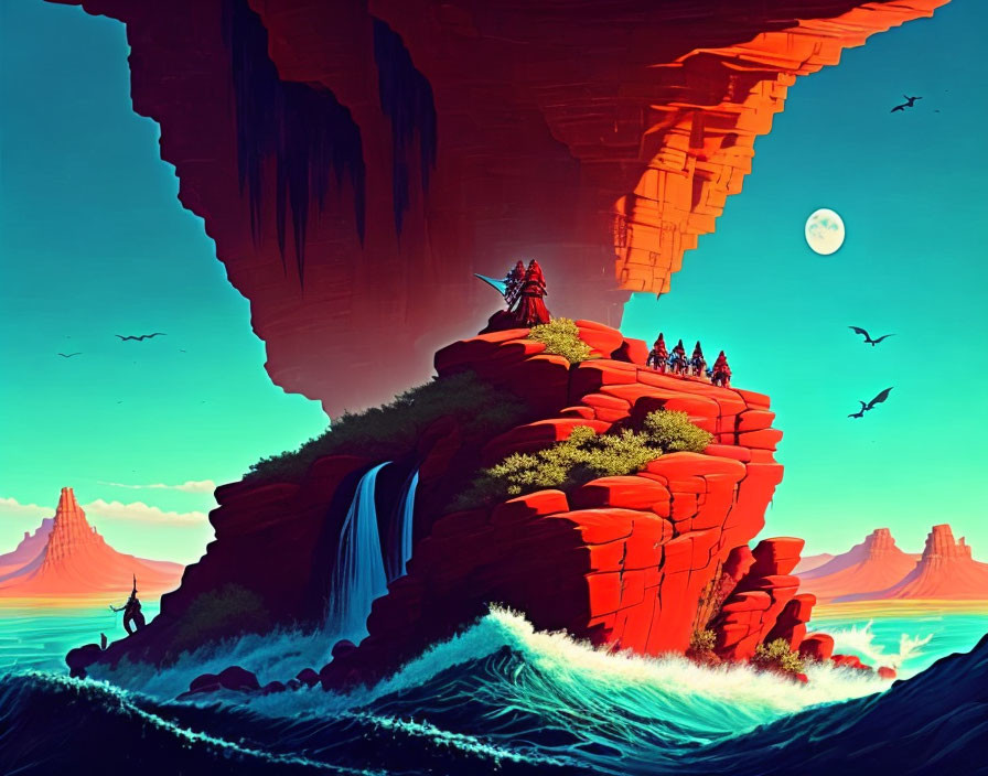 Fantastical red cliff with waterfall, trees, figures, sea, birds, mountains under moonlit