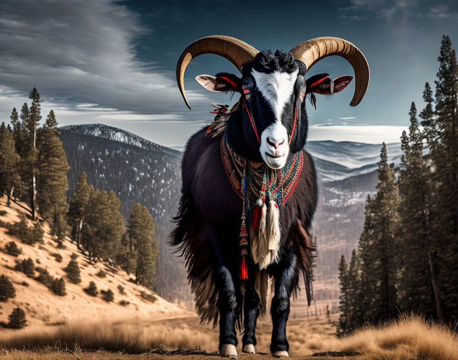 Colorful Beaded Goat Against Snowy Mountain Scene