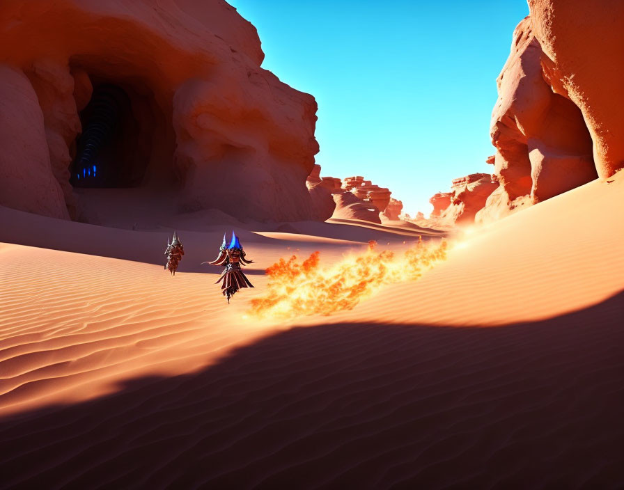 Fiery-winged character races in desert landscape