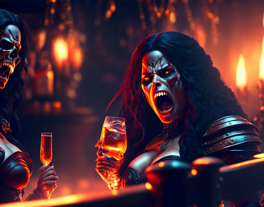 Two women in fierce demonic makeup and warrior attire toasting in a dim, candle-lit room.