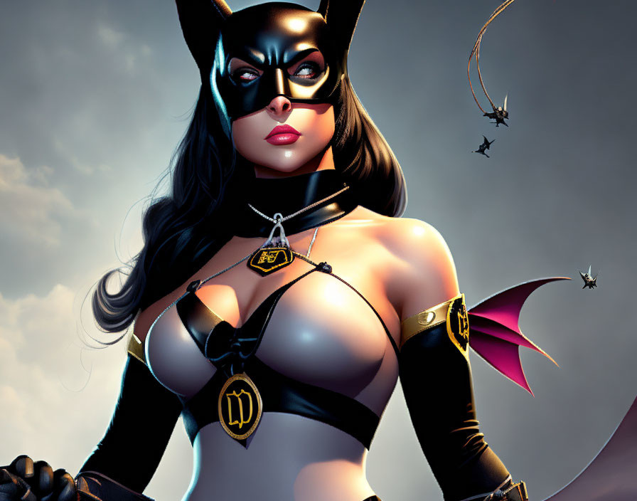 Female character in bat-themed superhero costume with mask, cowl ears, and cape.