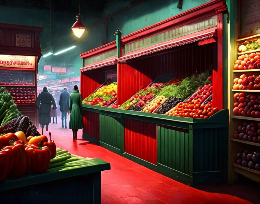 Colorful Fruit and Vegetable Stalls in Vibrant Indoor Marketplace