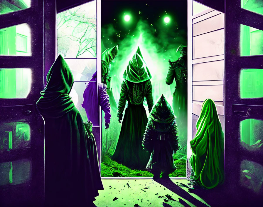 Group of hooded figures in glowing green room with magical energy.